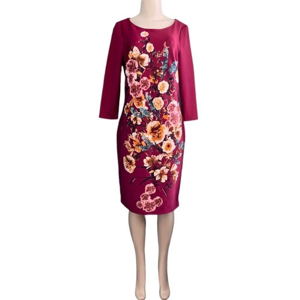 Worthington Maroon Floral Cropped Sleeve Scuba Midi Gold Side Zip Dress Size 12